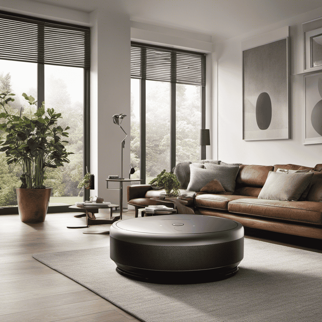 An image showcasing a spacious living room with a Dyson air purifier placed strategically, surrounded by clean and fresh air, demonstrating the extensive coverage and effectiveness of the purifier