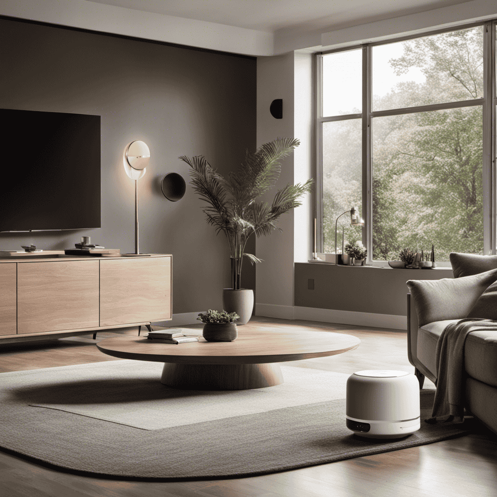 An image showcasing a spacious living room with a Molekule Air Purifier placed in the center