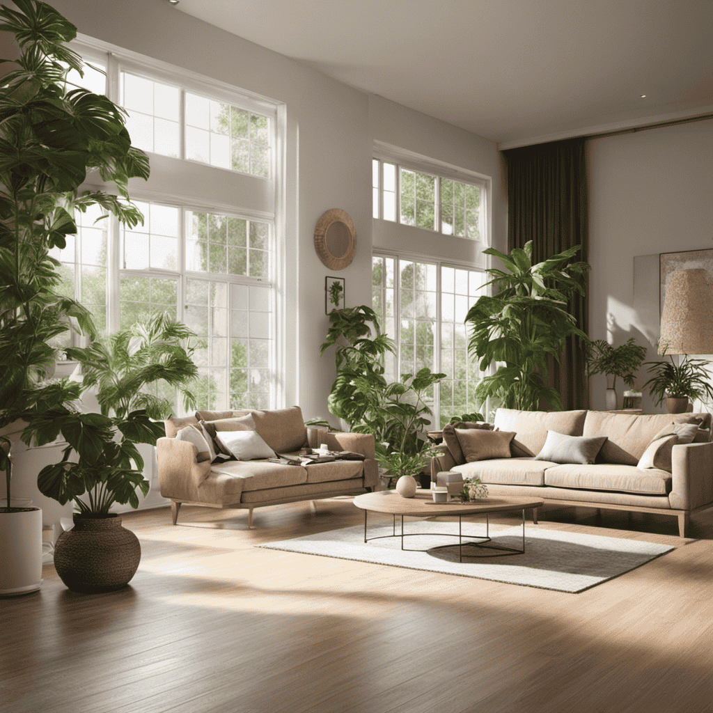 An image showcasing a spacious living room with sunlight streaming through large windows, plants flourishing in every corner, and a Nature Fresh Air Purifier subtly placed, purifying the air in the entire room