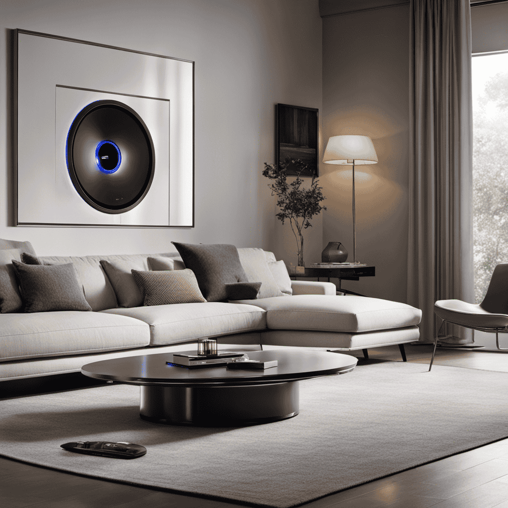 An image showcasing a spacious living room with a Dyson Air Purifier centrally placed, visibly purifying the air, while effectively covering every nook and corner of the room, leaving no contaminants behind