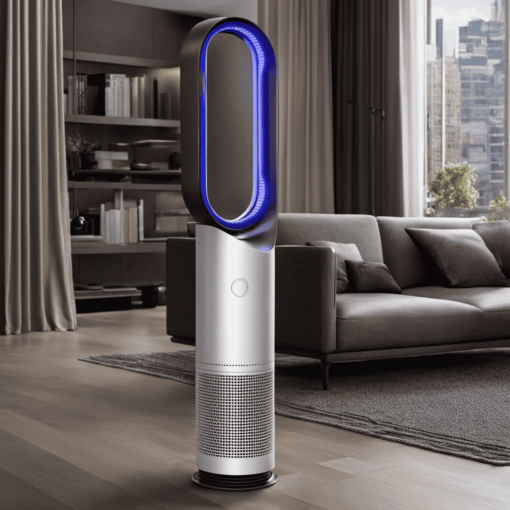 An image showcasing the Dyson TP02 Pure Cool Link Connected Tower Air Purifier Fan cover, focusing on its sleek design and precise dimensions, highlighting the square footage it effectively covers in a room