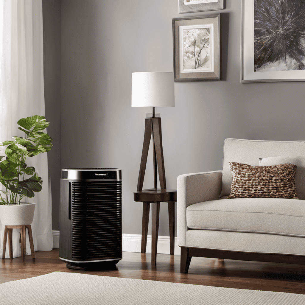 An image showcasing the Honeywell 50255b True HEPA Allergen Remover Air Purifier in a room, completely covering a space of 400 square feet