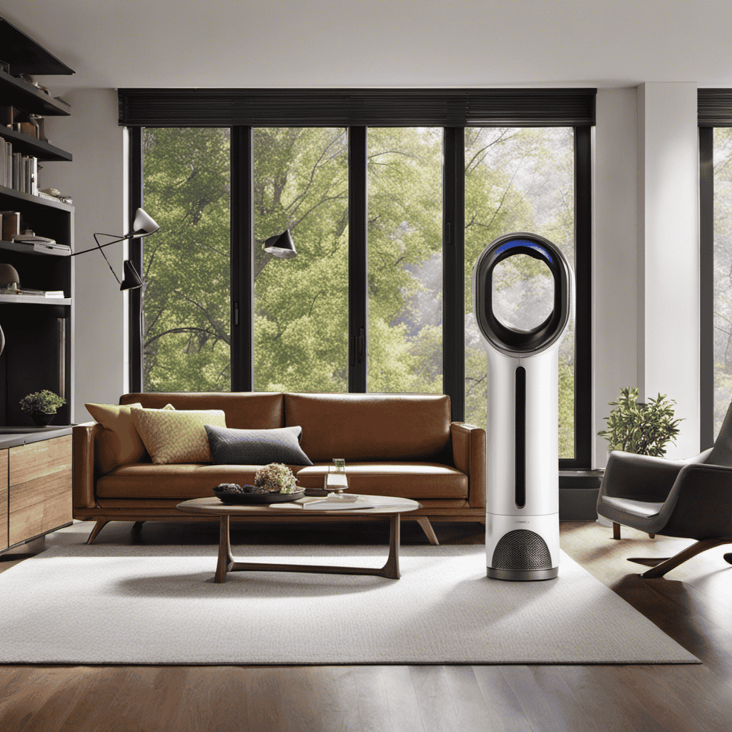 An image showcasing a spacious living room with the Dyson Hot and Cool Air Purifier positioned in the center, effortlessly purifying the air and ensuring comfort across every corner of its 500 square feet range