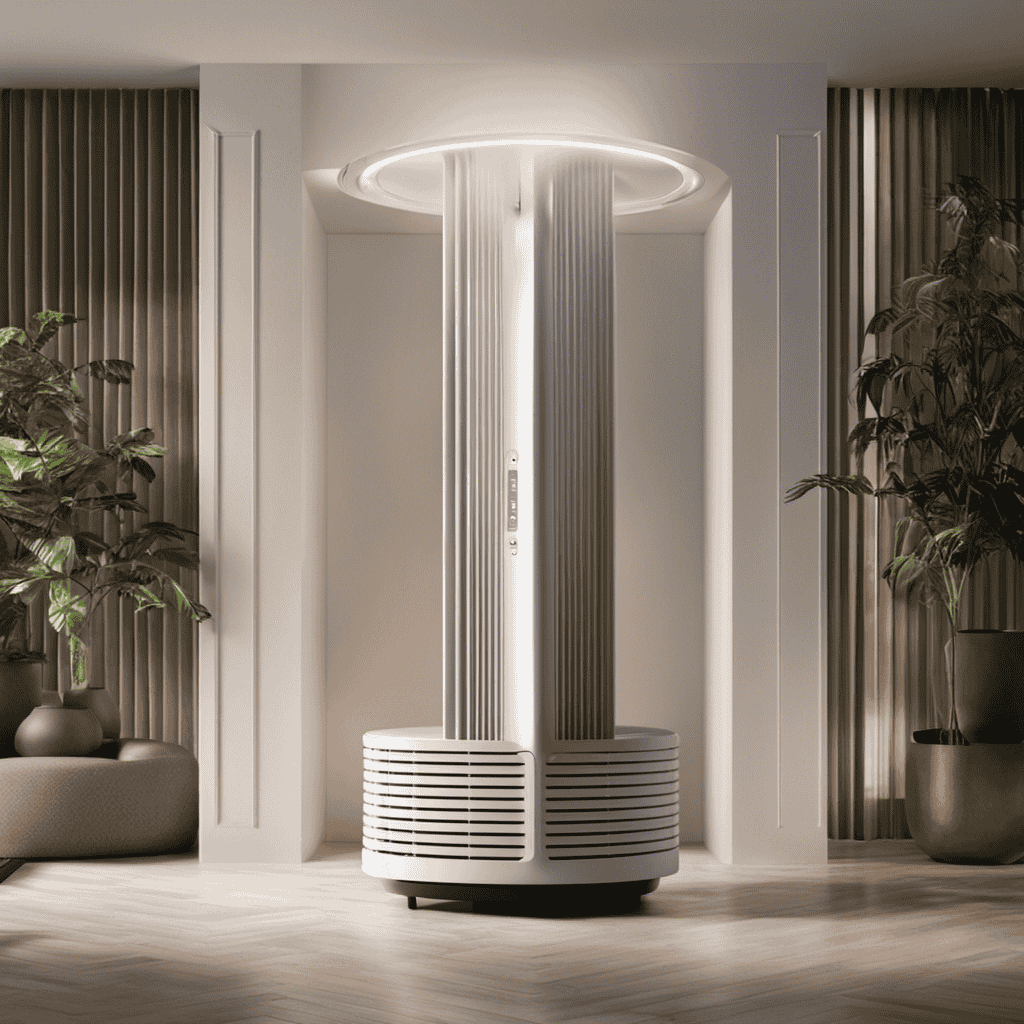An image showcasing an air purifier surrounded by a room divided into multiple sections, each representing an hour