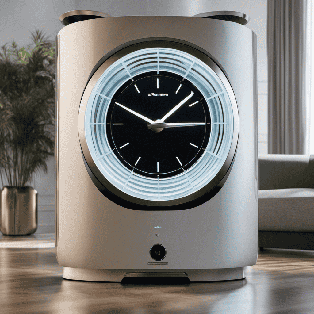 An image that depicts an air purifier in a room, surrounded by a clock showing multiple rotations per hour