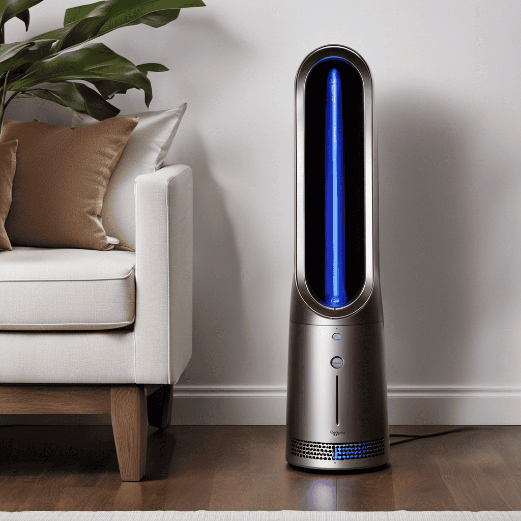 An image showcasing the sleek and modern Dyson Pure Hot+Cool Air Purifier, with its elegantly curved design and a digital display indicating the power usage in watts, providing a visual representation of its energy-efficient operation