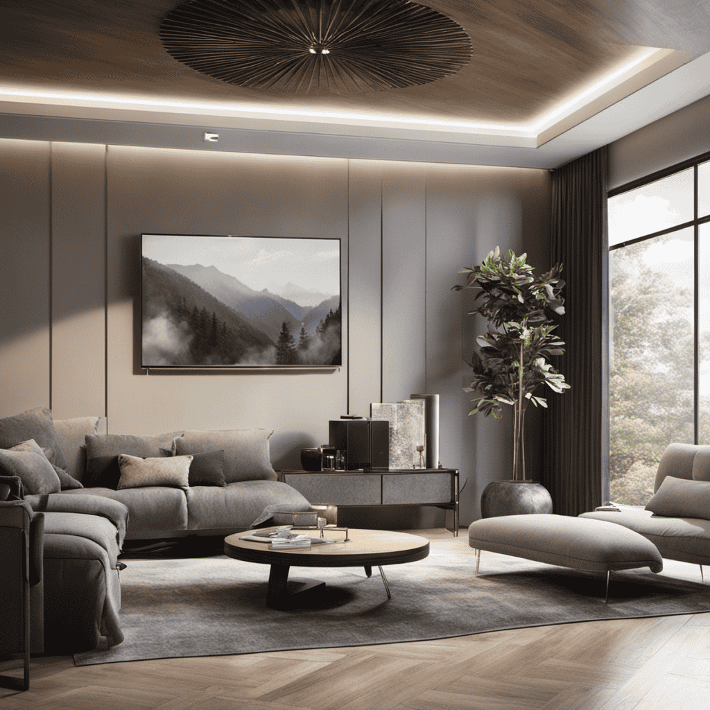 An image showcasing a spacious living room with a 190w air purifier placed strategically to demonstrate its coverage, capturing the area it encompasses and the clean air it provides