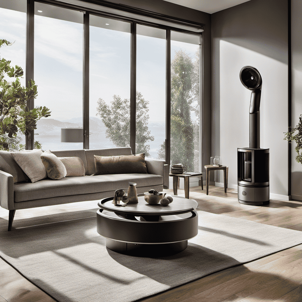 An image showcasing a spacious living room with a Dyson Air Purifier elegantly placed in the corner