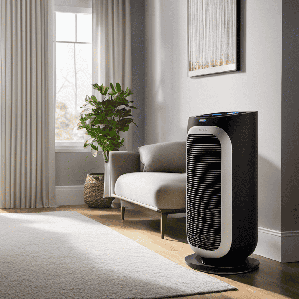 An image that showcases an air purifier in a room, depicting clean and purified air flowing through it