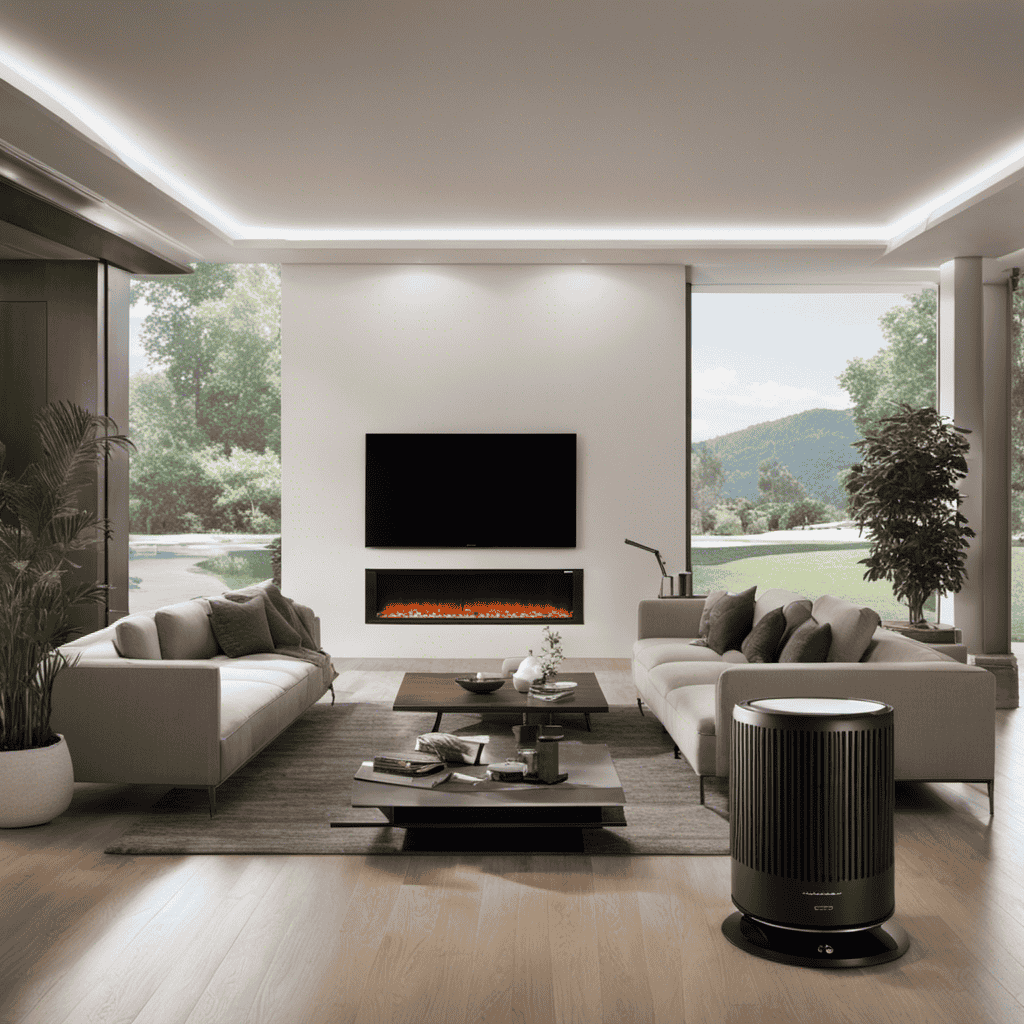 An image showcasing a spacious living room with the T500 Alen Purifier strategically placed