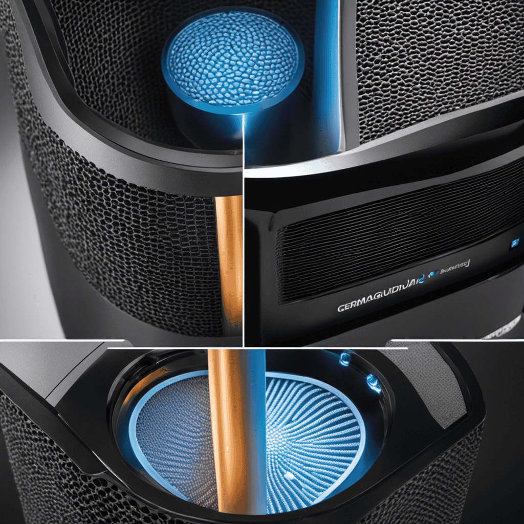 An image showcasing a Germguardian air purifier filter in close-up, capturing its intricate layers of activated carbon, HEPA filtration, and UV-C light technology, emphasizing its effectiveness in eliminating allergens, pollutants, and germs