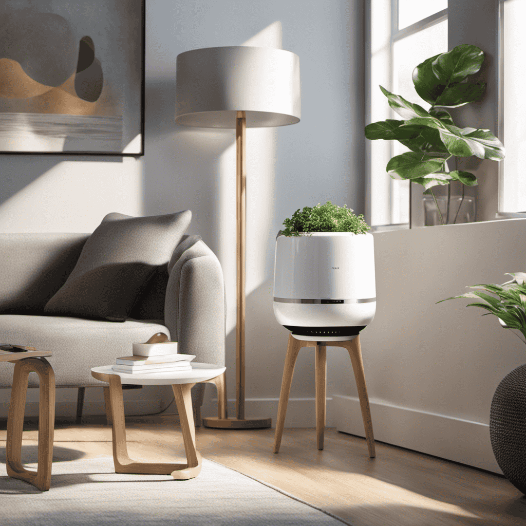 An image showcasing a modern living room with a sleek, white HEPA air purifier placed on a side table