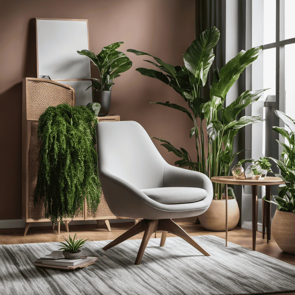 An image showcasing a modern living room with an air purifier placed next to a cozy armchair, surrounded by lush indoor plants