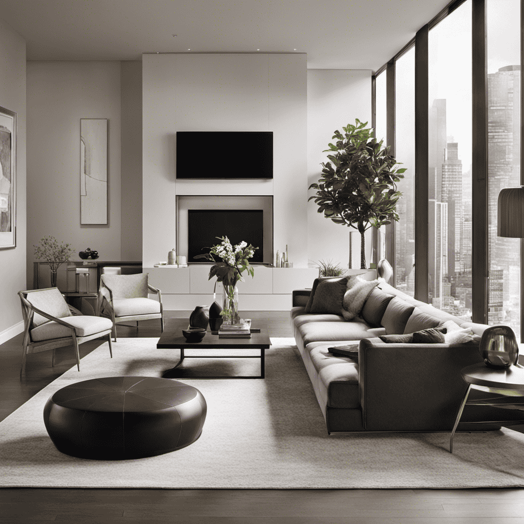 An image displaying a sleek, modern living room with soft, natural lighting
