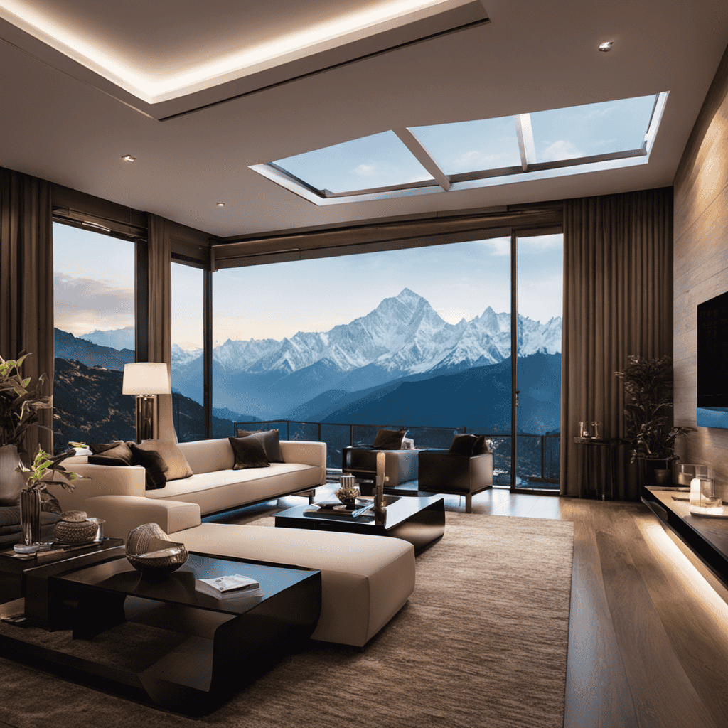 An image showcasing a sleek, modern living room with large floor-to-ceiling windows overlooking the majestic Himalayas