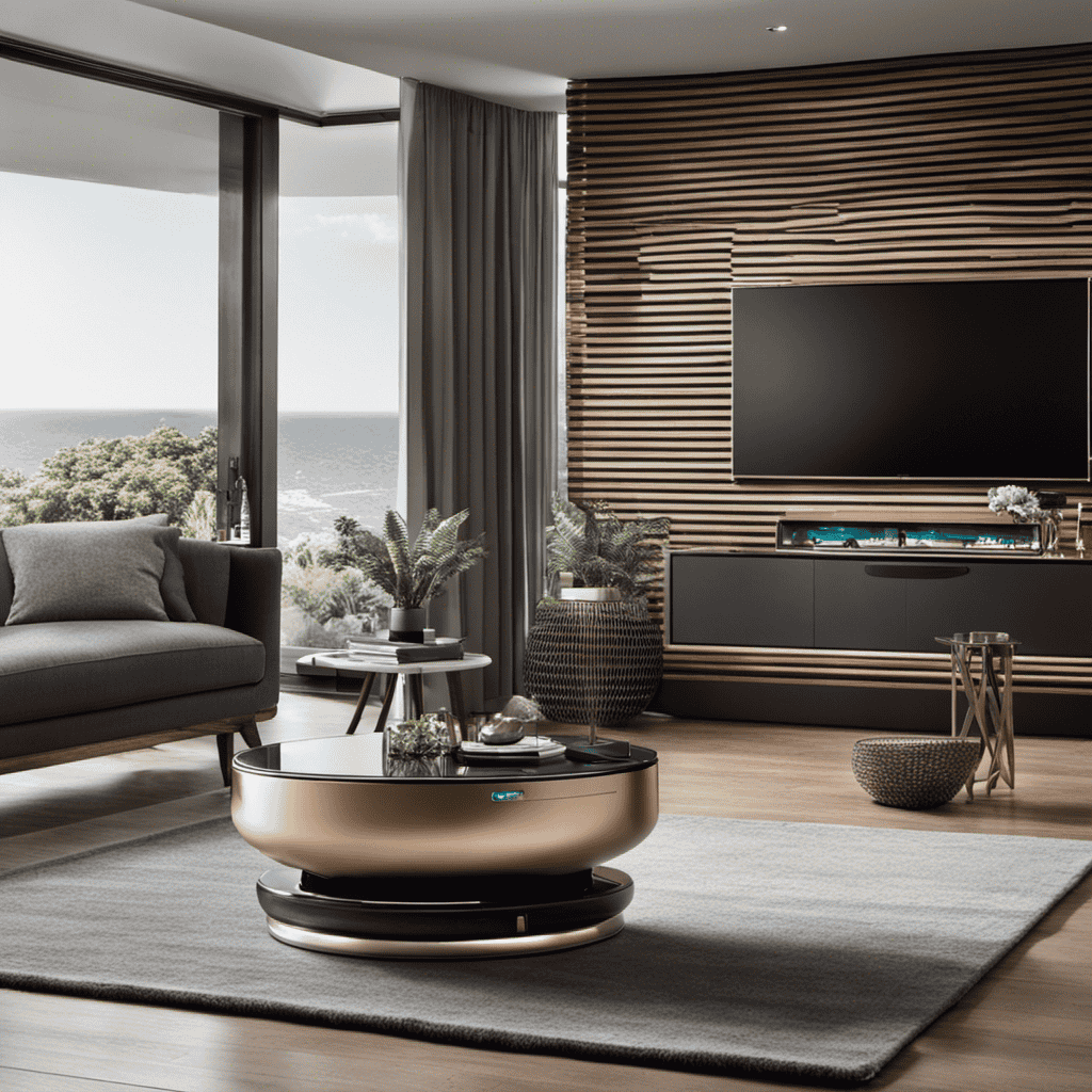 An image featuring a sleek, modern living room adorned with a Shark air purifier, blending seamlessly with the decor