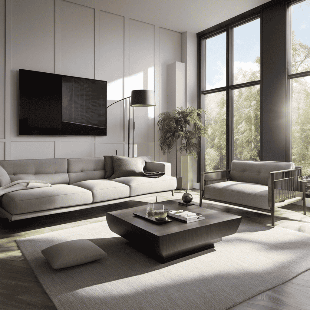 An image that showcases a modern, spacious living room with sunlight streaming through large windows