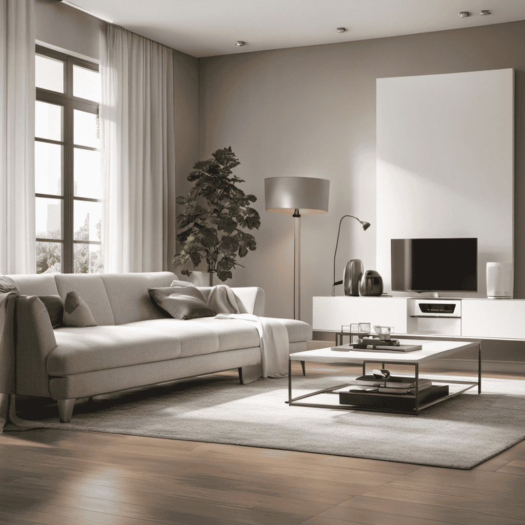 An image that showcases a clean, well-lit living room with an air purifier in the background
