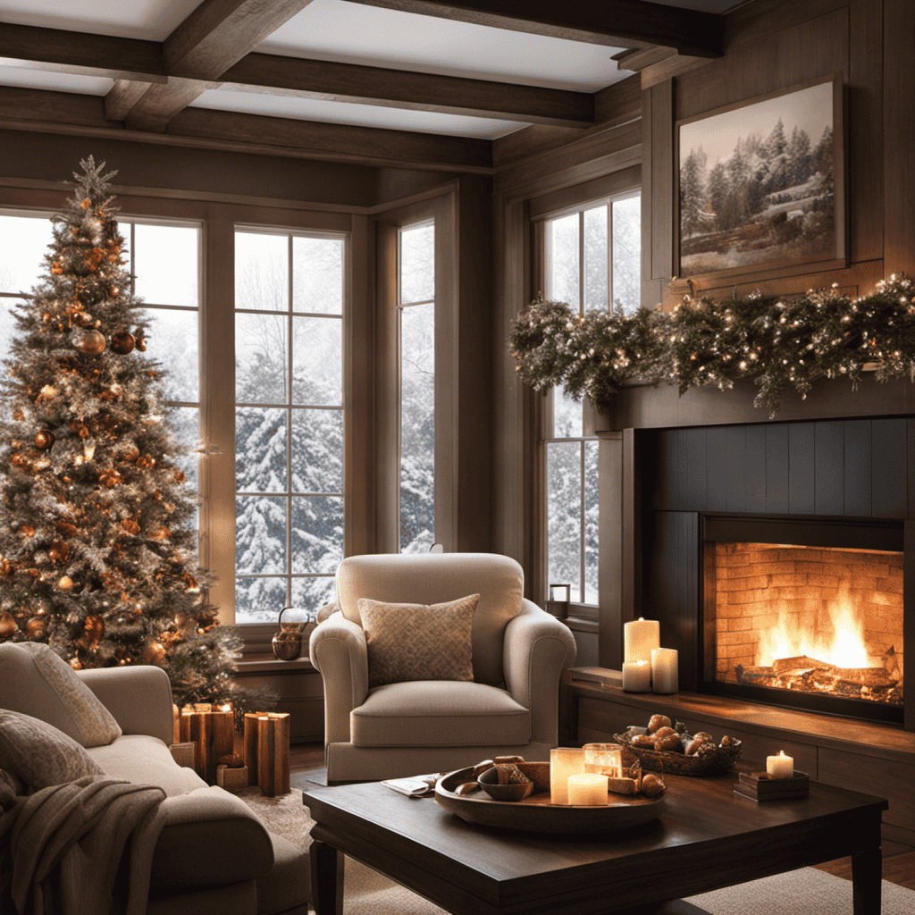 An image showcasing a cozy living room with a family gathered around a crackling fireplace