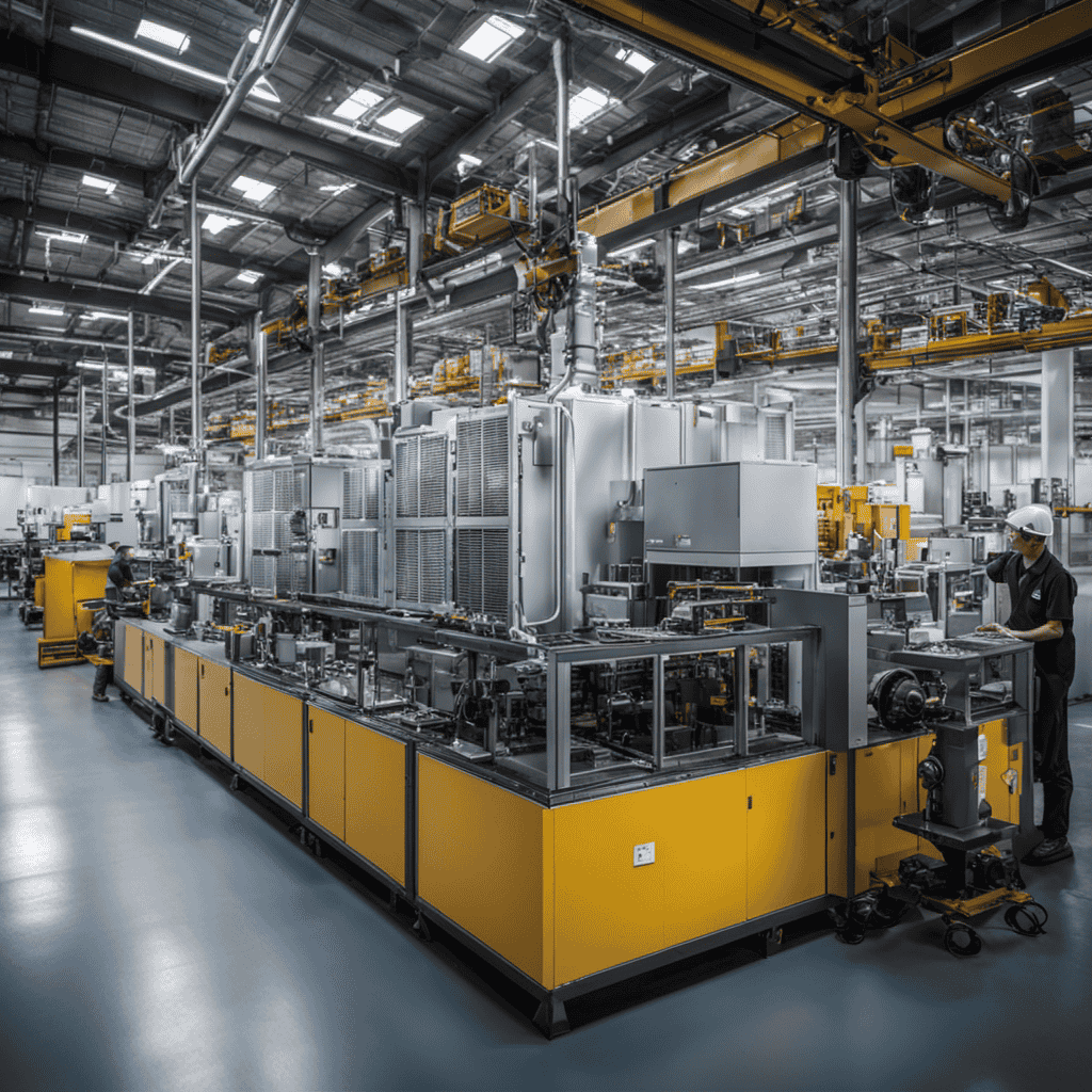 An image showcasing the intricate process of manufacturing an air purifier, featuring a bustling factory floor with workers assembling components, robotic arms welding, and quality control stations ensuring perfection