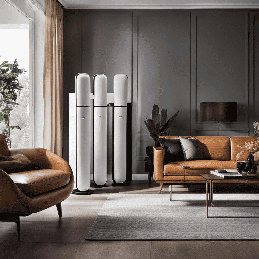 An image showcasing a variety of air purifiers in a room, each indicating their respective costs to operate through visual cues like dollar signs or energy consumption symbols, providing a visual representation of the cost differences