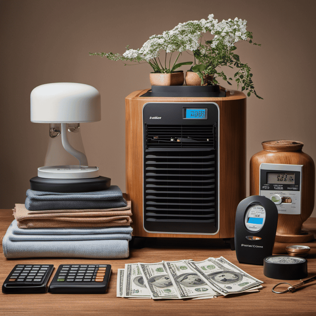 An image showcasing an air purifier on a wooden table, surrounded by a variety of objects representing different costs: a stack of dollar bills, an electricity meter, a shopping cart with household items, and a calendar showing 24/7