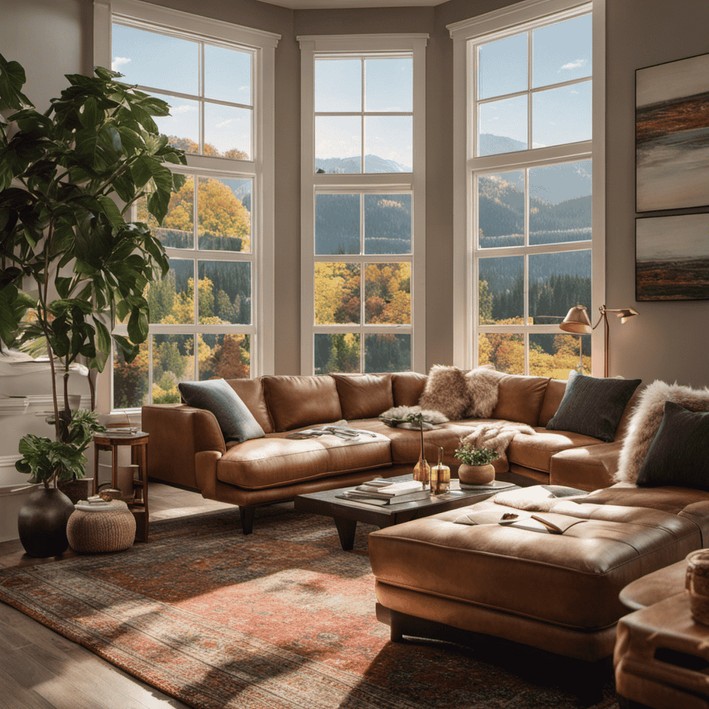 An image showcasing a cozy living room with an air purifier quietly humming in the background
