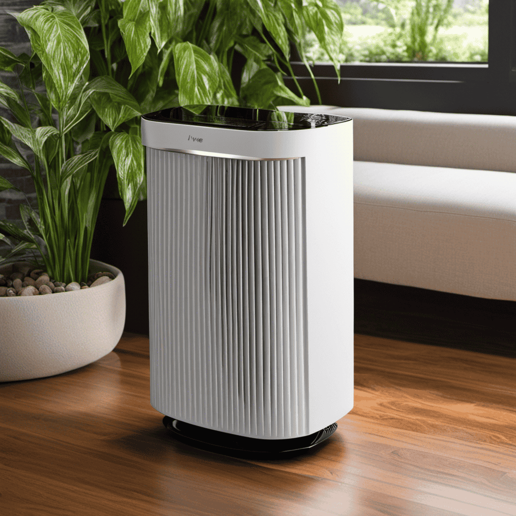 An image showcasing the sleek and modern Iwave-V Air Purifier in a well-lit living room, surrounded by lush green plants