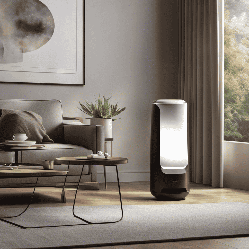 An image showcasing a sleek, modern living room with a 120v HEPA air purifier standing on a side table
