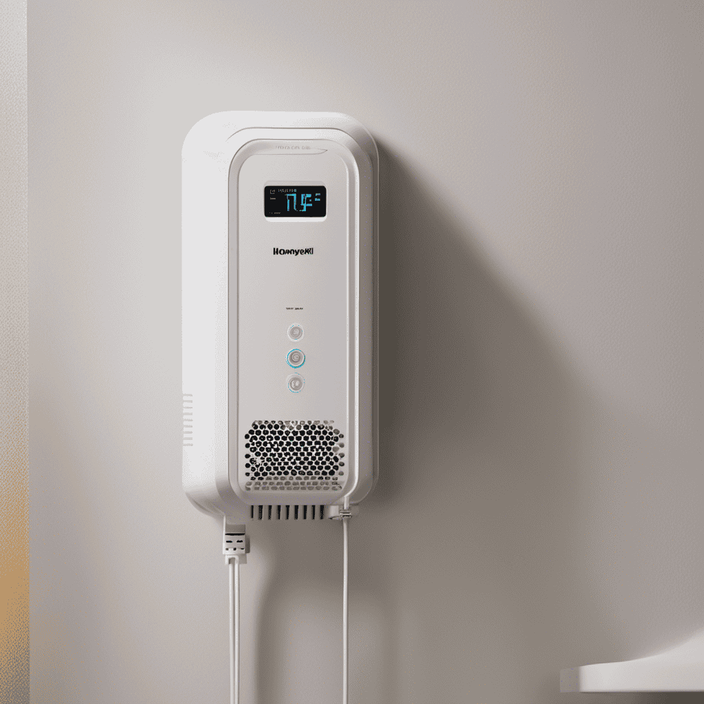 An image of a Honeywell HPA 300 air purifier plugged into an electrical outlet, showing a digital wattage meter displaying the precise amount of electricity being consumed