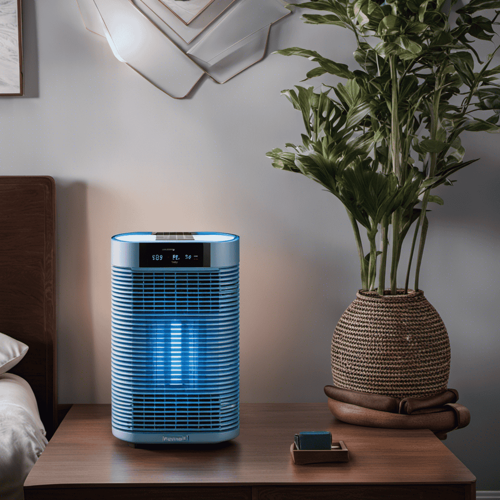 An image showcasing a sleek Honeywell HPA300 air purifier placed in a room, radiating a soft blue glow, surrounded by a power meter displaying the precise electricity consumption