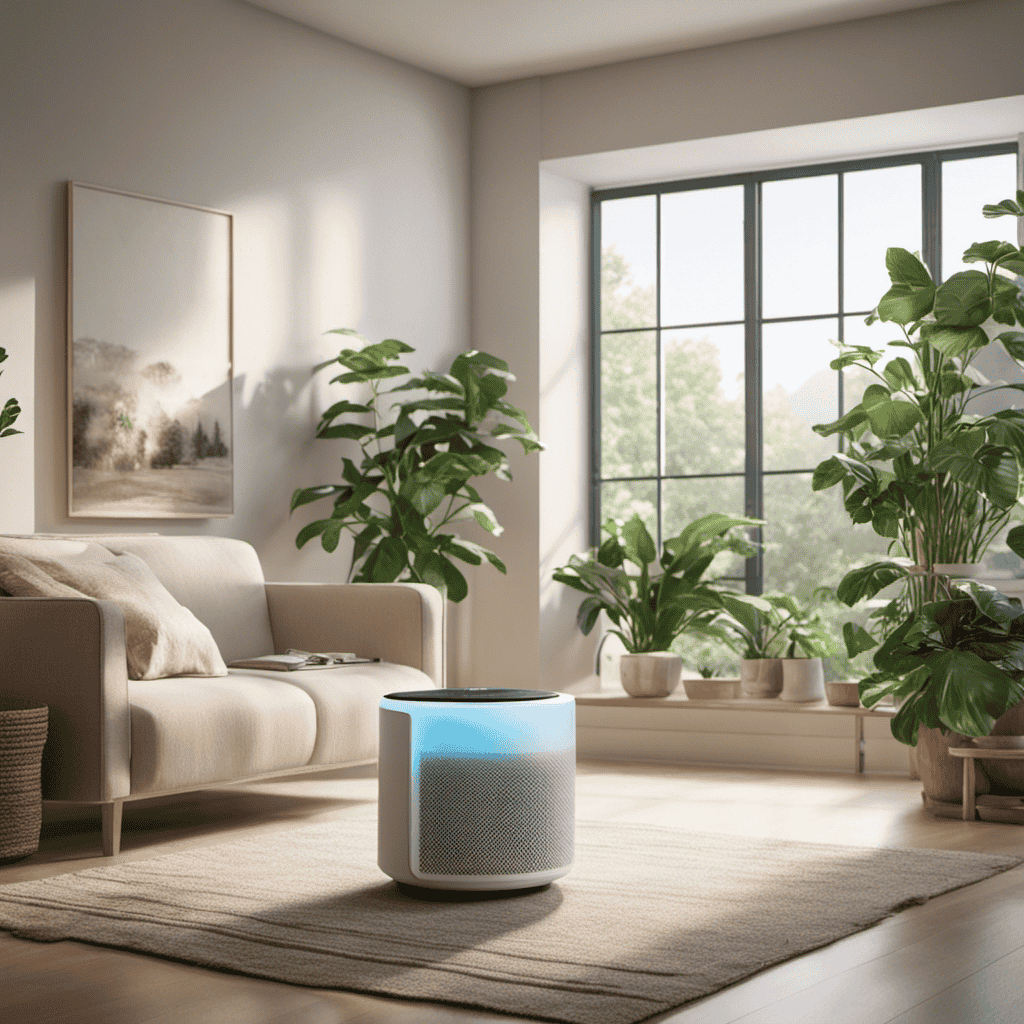 An image showcasing a cozy living room with a Xiao Mi Air Purifier, emitting a soft blue light, nestled amidst green plants, as rays of sunlight filter through the window, highlighting its energy-efficient design