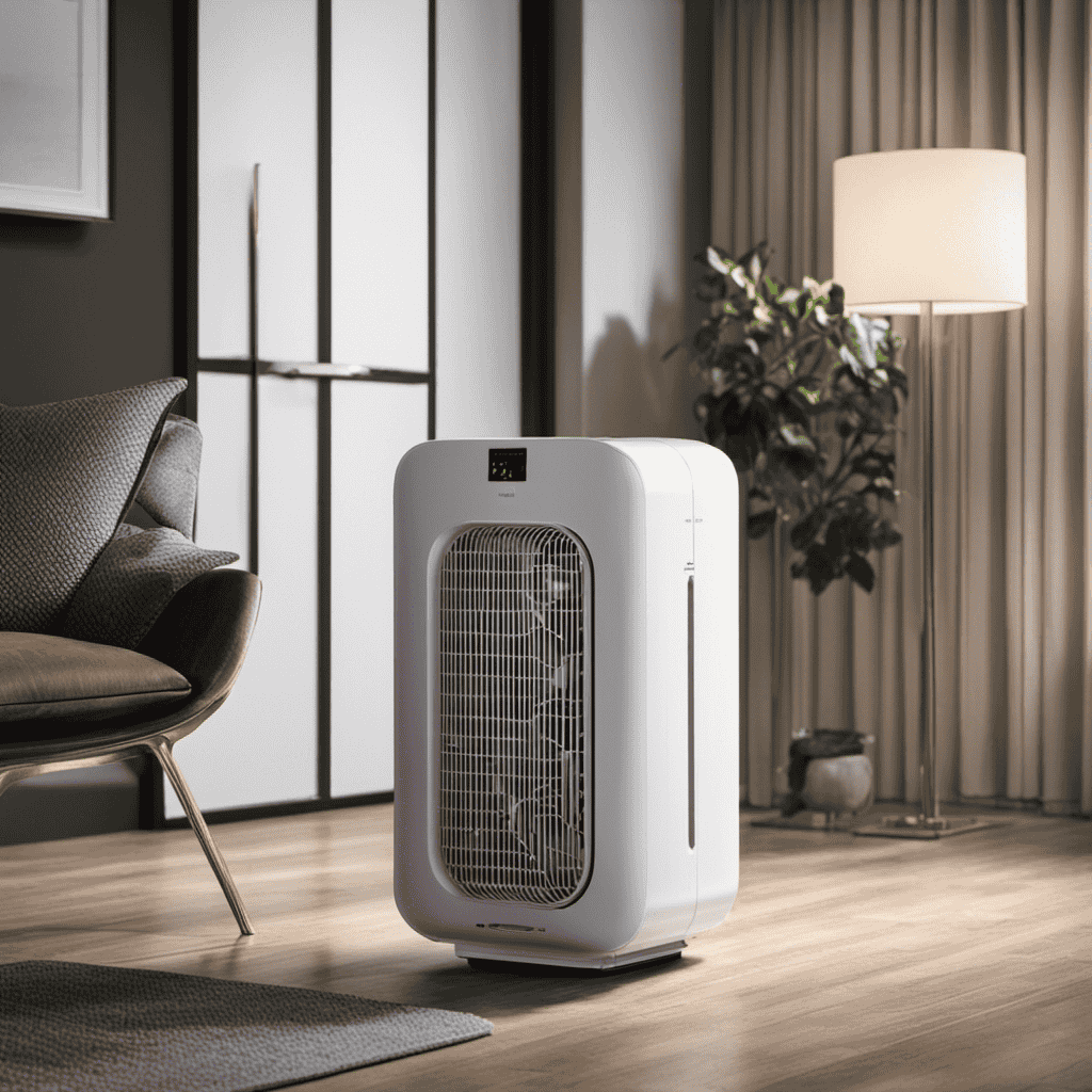 An image showcasing an air purifier in a room, with a visible power cord connected to an electrical outlet