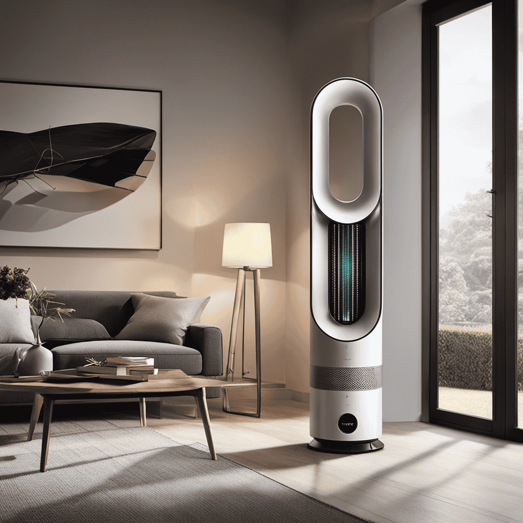 An image showcasing a Dyson Air Purifier placed in a stylish living room, with vibrant light pouring in through a window, while an electricity meter nearby displays the precise amount of energy consumed
