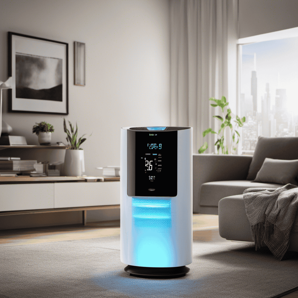 An image that showcases an air purifier in a room, illuminated by a glowing energy meter