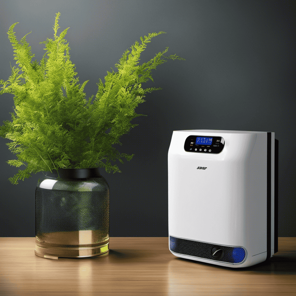 An image showcasing an air purifier against a backdrop of a power meter, with arrows illustrating energy consumption