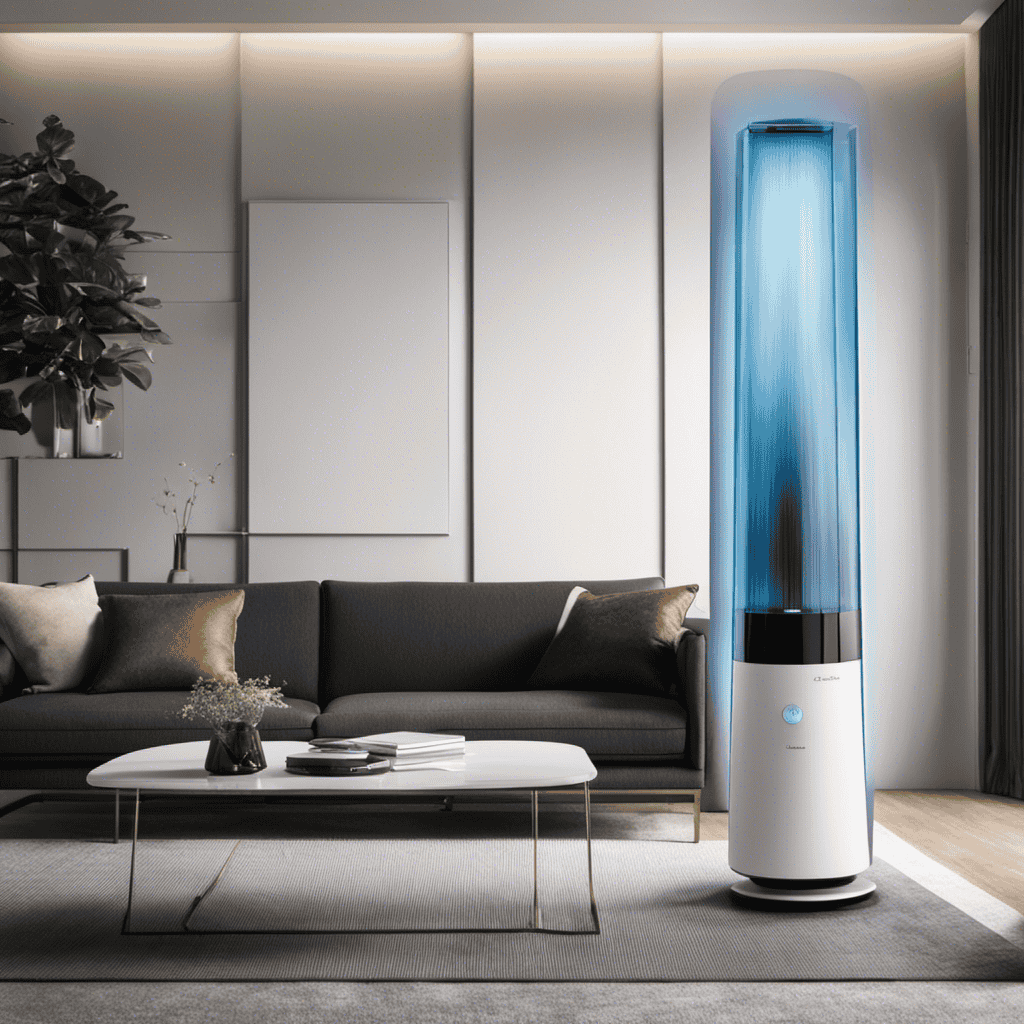 An image showcasing an air purifier placed in a modern living room, surrounded by electrical devices