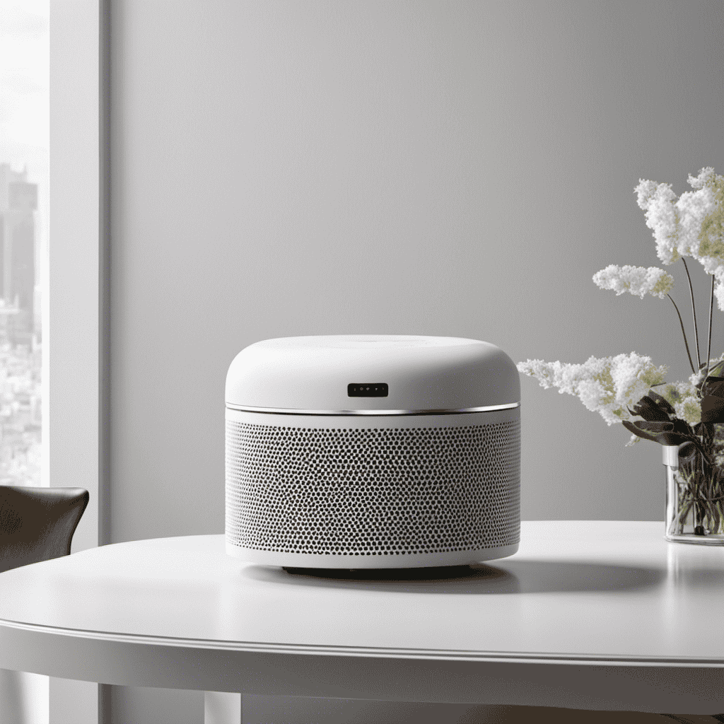 An image showcasing a sleek, compact molecule air purifier on a pristine white tabletop