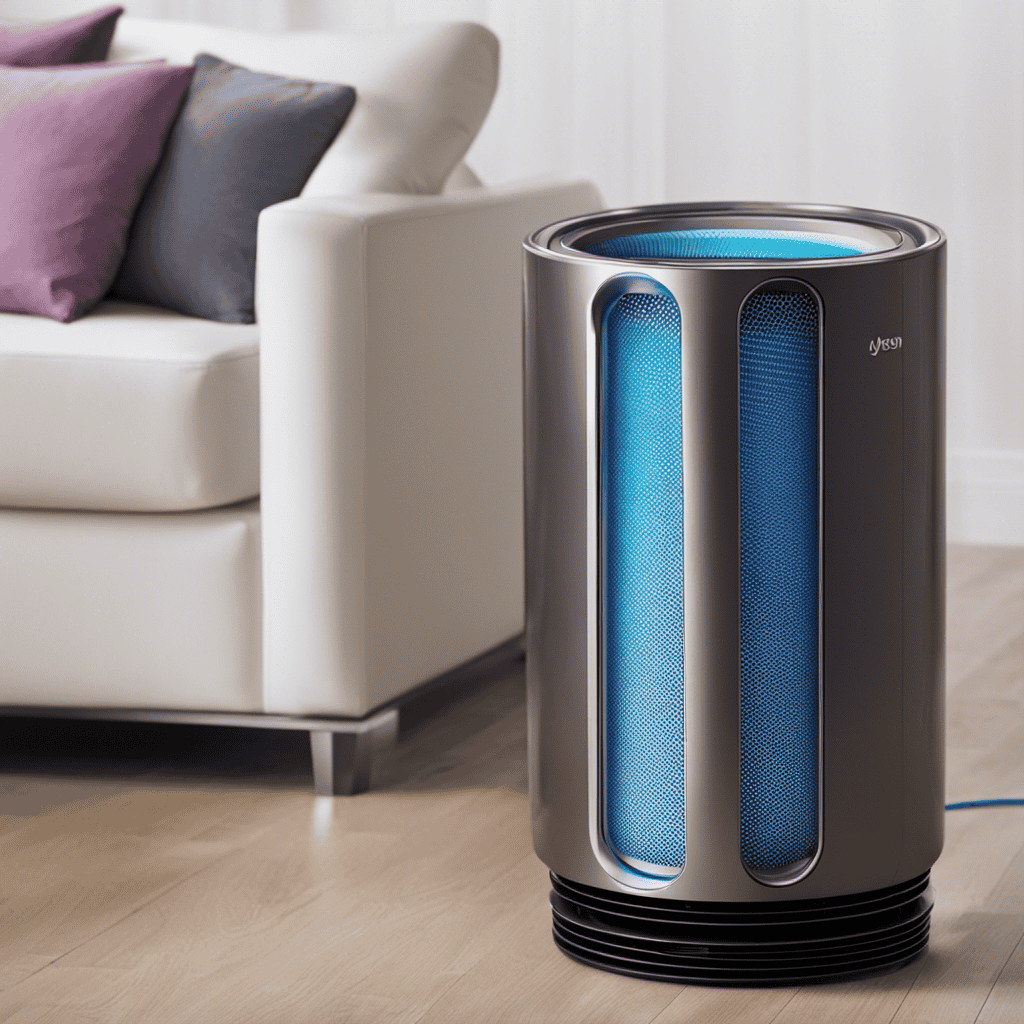 An image showcasing the transformation of a dirty filter in a Dyson Air Purifier, capturing the gradual accumulation of dust particles and allergens, gradually being replaced by a clean, pristine filter through a series of clearly distinguishable stages