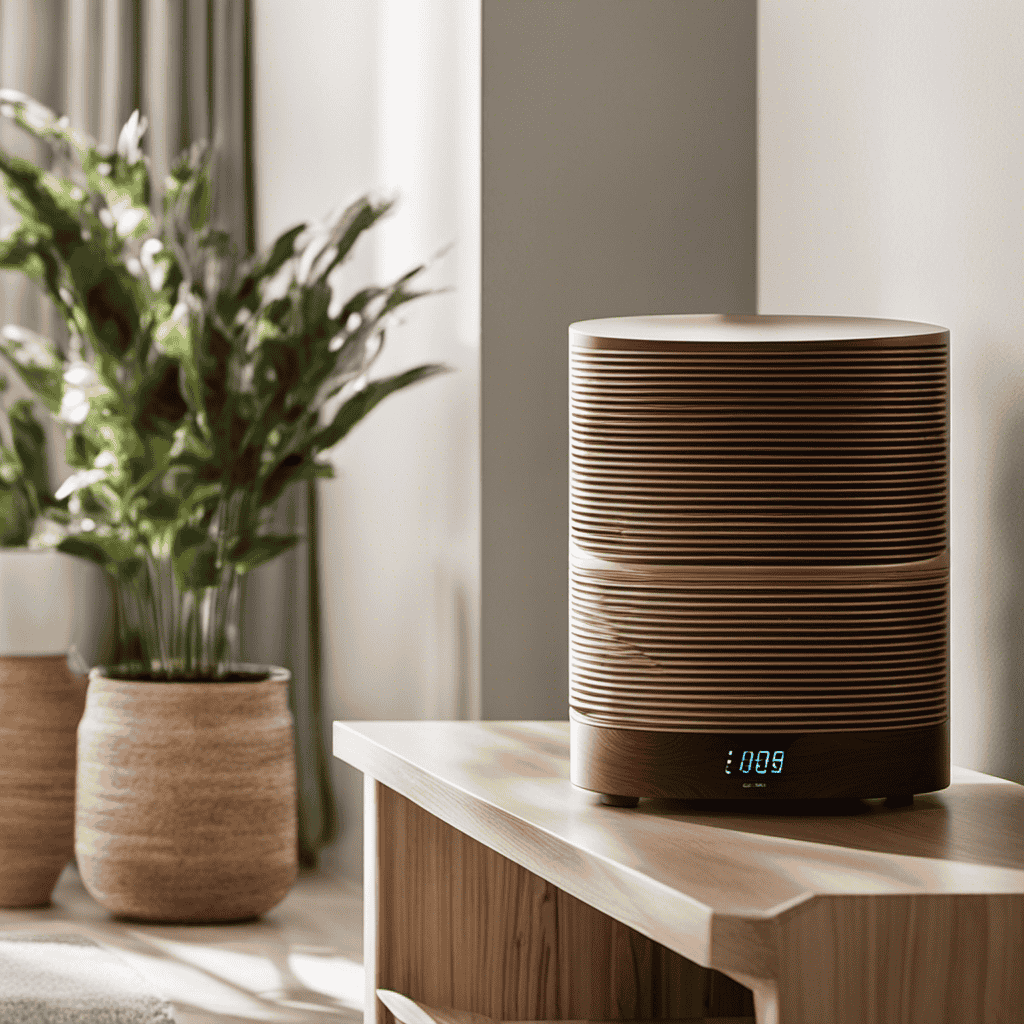 An image showcasing an elegantly designed air purifier placed on a wooden shelf with a price tag next to it, emphasizing its affordability
