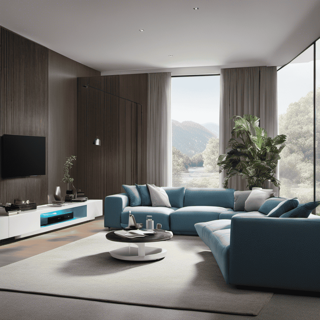 An image showcasing a modern living room with a sleek, high-quality air purifier placed strategically near a large window