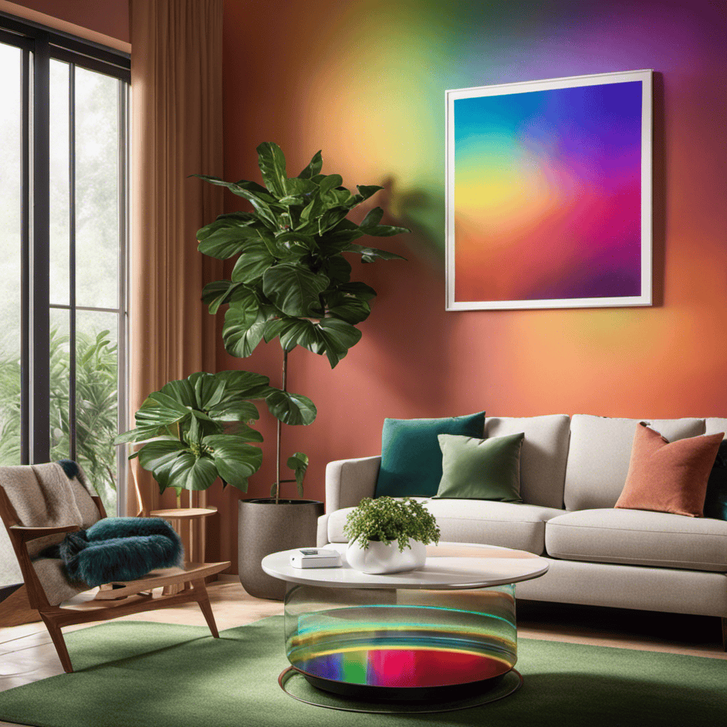 An image showcasing a vibrant living room scene with a Rainbow Air Purifier prominently placed on a sleek coffee table, surrounded by lush green plants and gently diffusing a rainbow spectrum of purified air
