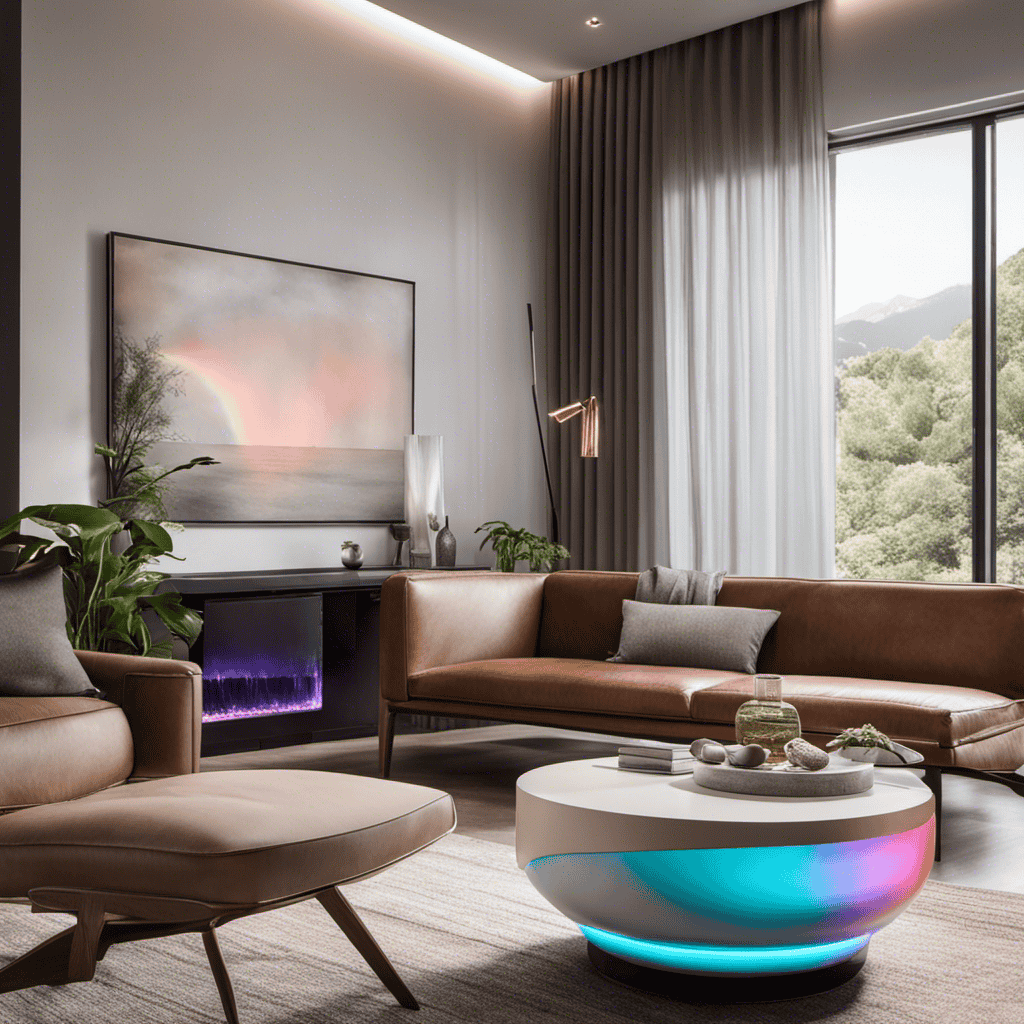 An image showcasing a sleek, modern living room with an elegant Rainbow Water Based Air Purifier placed on a side table, emanating a soft rainbow-hued glow, purifying the air in the space