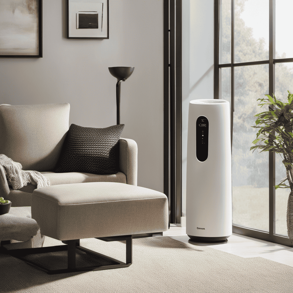 An image showcasing the sleek and compact design of the Rainmate Air Purifier, placed on a shelf against a backdrop of a serene, sunlit living room, with a gentle mist of purified air emanating from the device