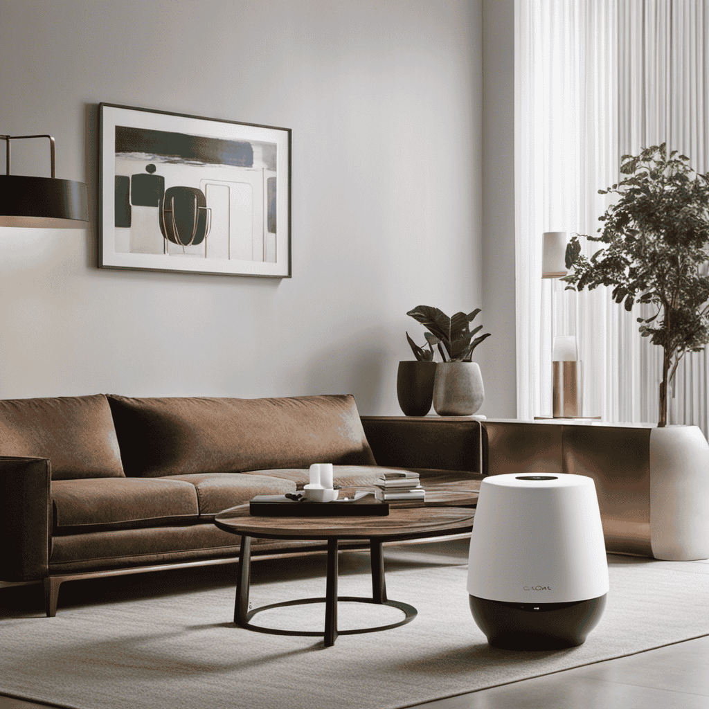 An image showcasing a sleek, modern living room with an elegant Reme Halo Air Purifier prominently displayed on a side table, exuding a clean and purified atmosphere