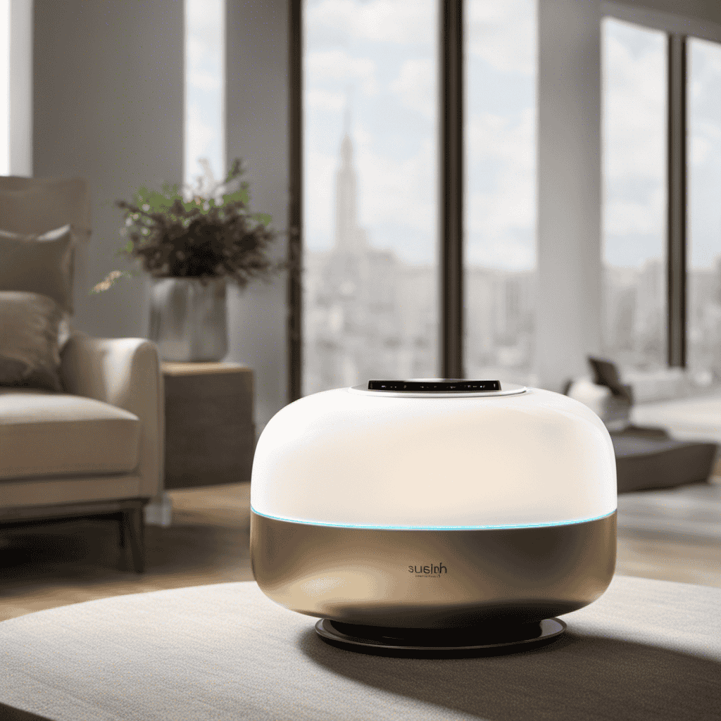 An image showcasing a sleek, modern living room with a Safe Cell Air Purifier prominently displayed on a side table