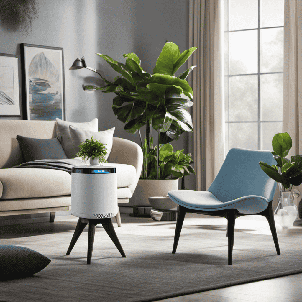 An image featuring a modern living room with a sleek air purifier placed on a side table, surrounded by fresh houseplants