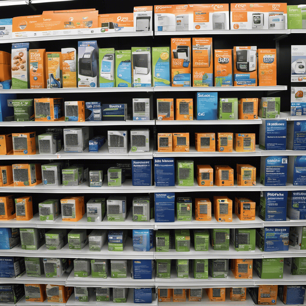 An image showcasing a variety of air purifiers neatly displayed on shelves at Walmart, highlighting their different sizes, shapes, brands, and price tags, giving readers a visual understanding of the price range