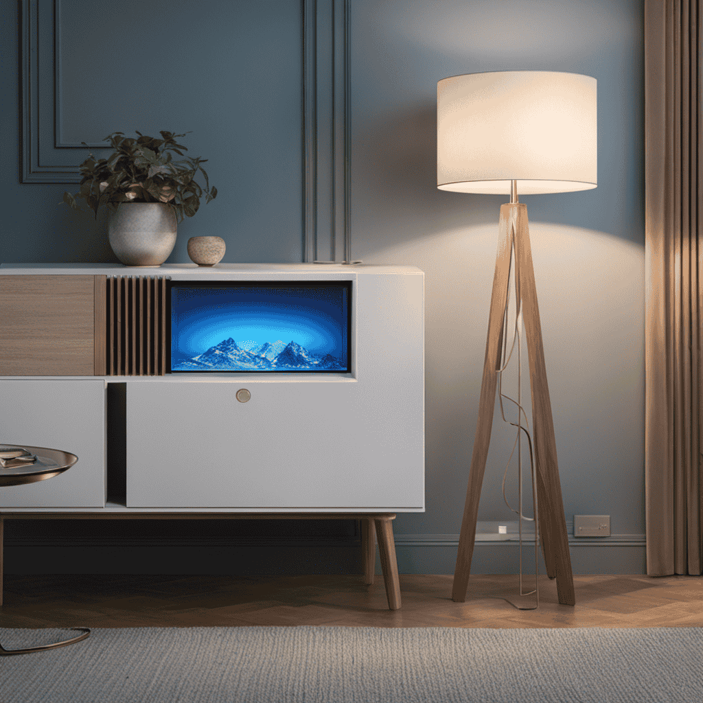 An image showcasing a modern living room with an air purifier gracefully positioned on a side table