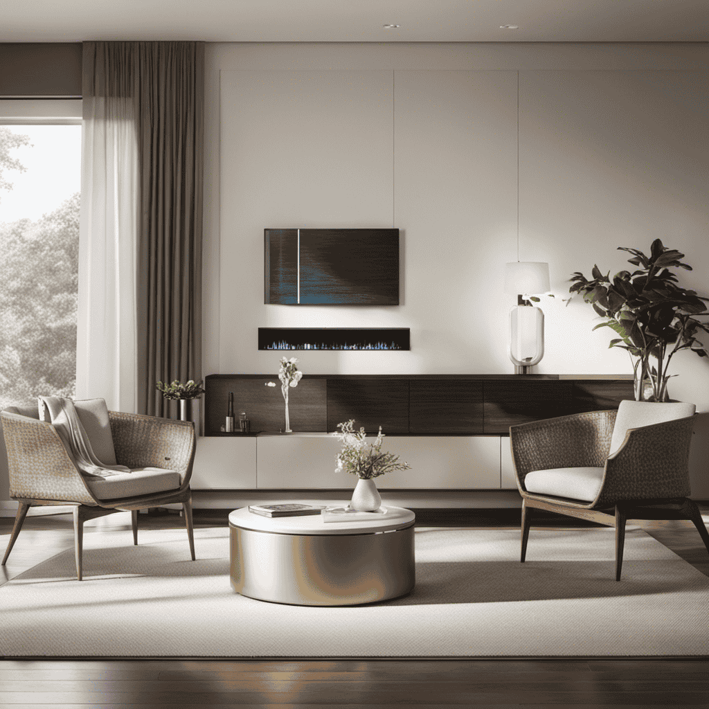An image showcasing a sleek, modern living room with an air purifier placed prominently on a side table